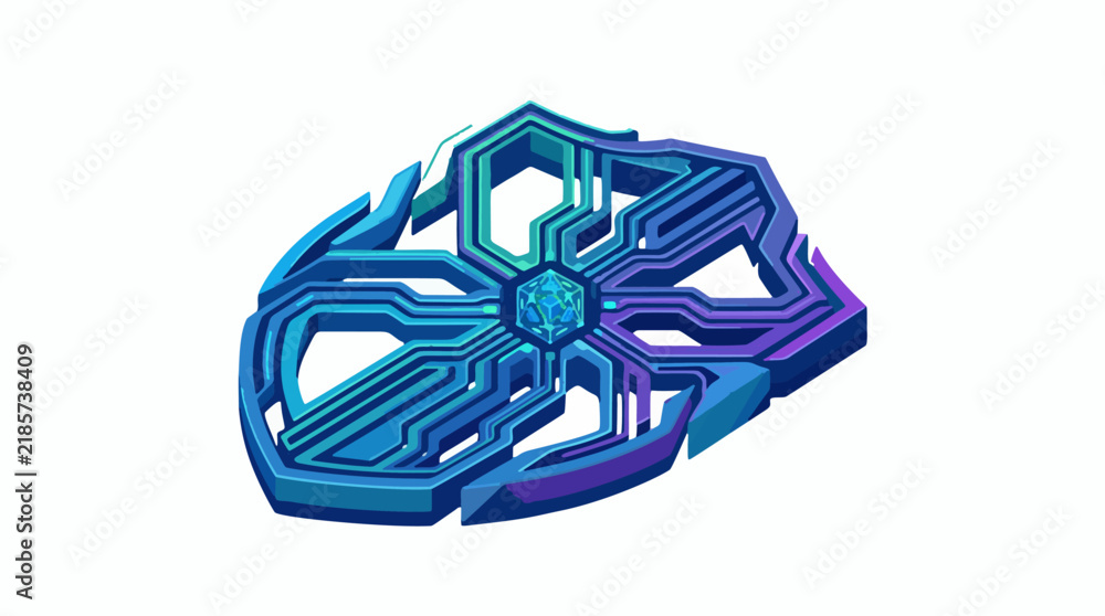 Fototapeta premium Abstract digital circuit board shield icon with glowing blue and purple neon lines.