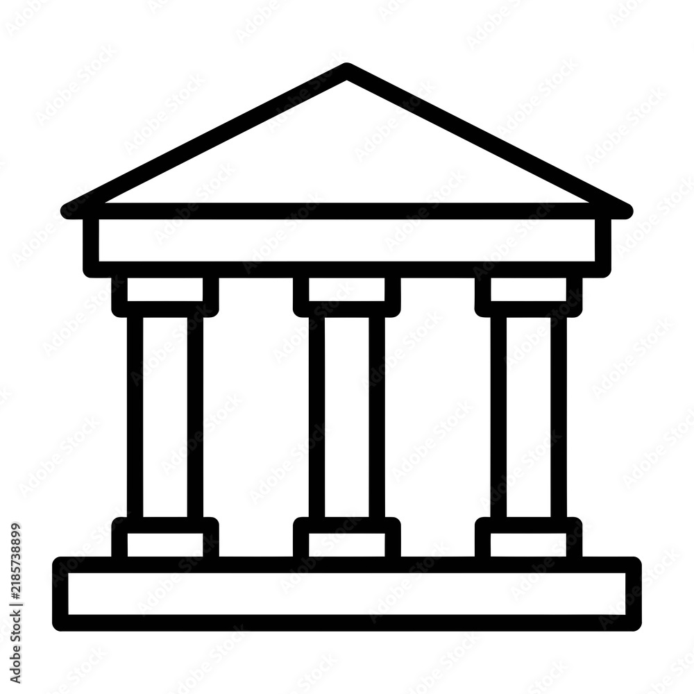 Fototapeta premium Simple line drawing of a building with columns and triangular roof architecture symbol