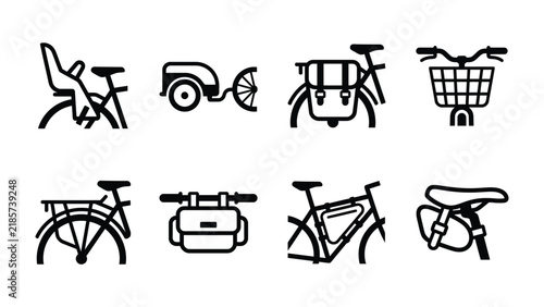 Bicycle Accessories Icons: A collection of minimalist black and white icons showcasing various bicycle accessories including a child seat, trailer, pannier bags, front basket, rear rack.