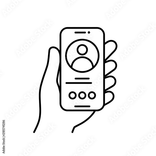 Hand holding smartphone with user profile