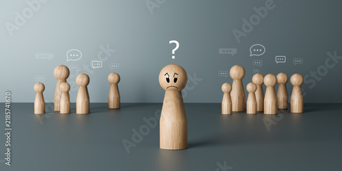 Confused Wooden Figure Between Two Groups with Question Mark Concept