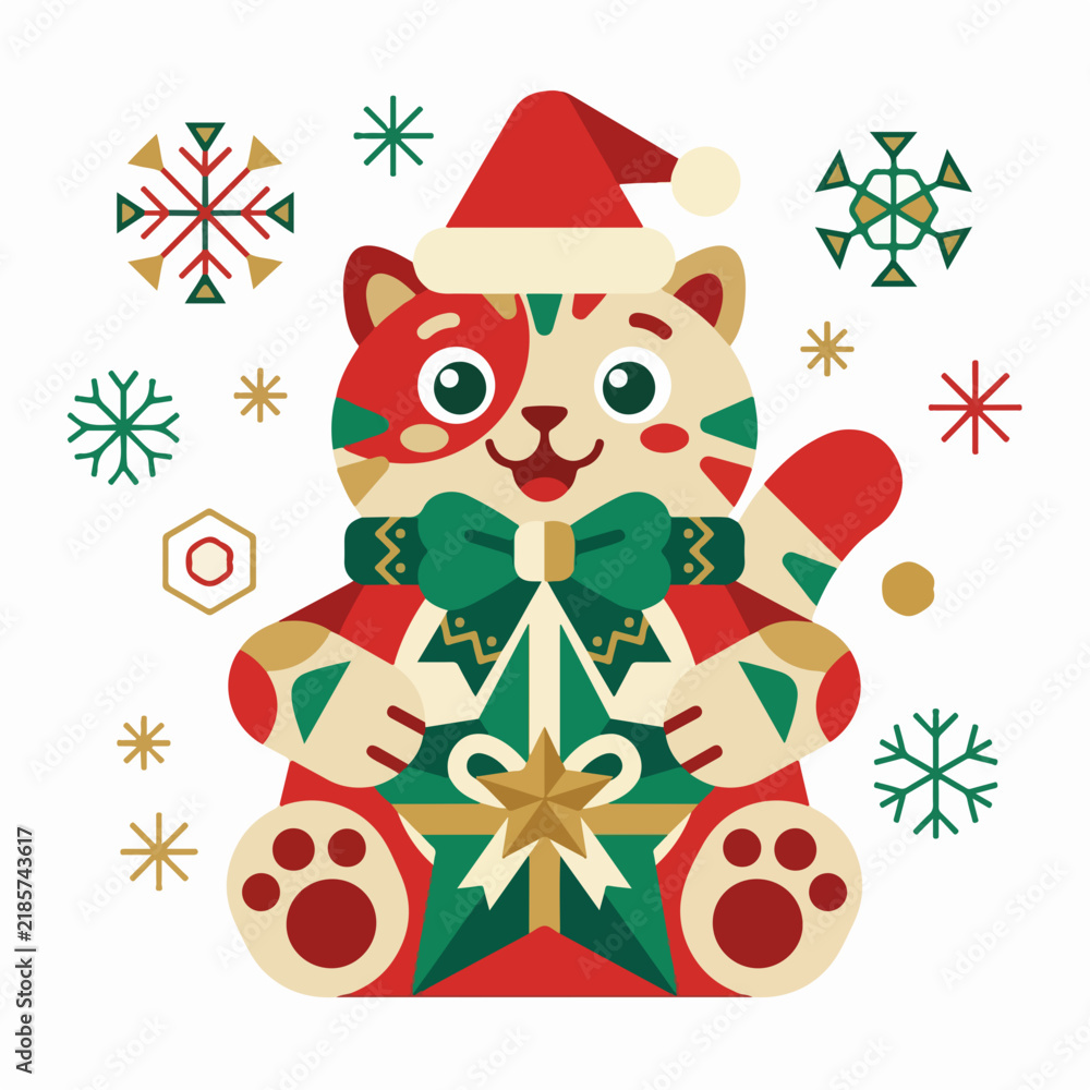 Fototapeta premium Christmas cat mascot vector illustration with festive snowflakes and holiday decor