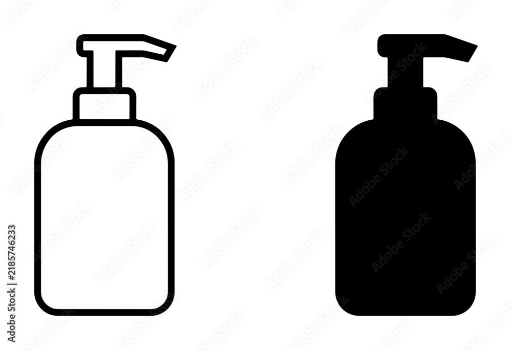 Fototapeta premium Soap Dispenser Icons, Liquid Pump Bottle Vector Set, Hygiene and Cleaning Symbols, Black and White Graphics for Health and Beauty
