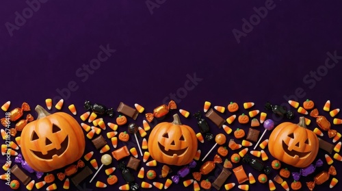 Three smiling jack o lantern pumpkins with halloween candy on dark background