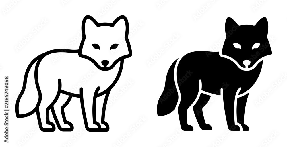 Fototapeta premium Arctic Fox Icons, White and Black Vector Silhouettes, Minimalist Animal Graphics for Wildlife and Nature Designs