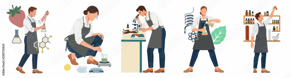 Obraz premium Collection of flat vector illustrations depicting scientists and researchers performing various experiments and analysis in a professional laboratory setting.