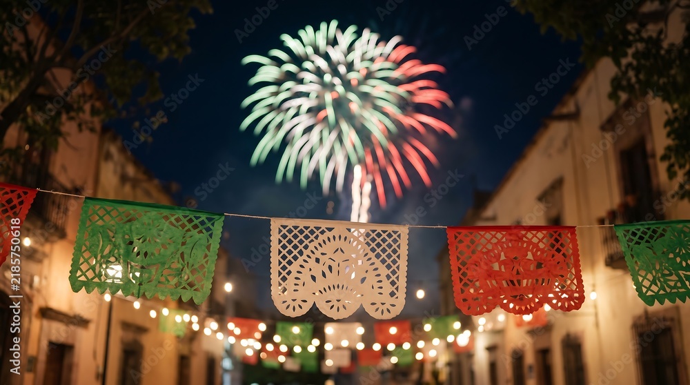 Naklejka premium Traditional papel picado banners hanging over colonial street with green and red fireworks at night