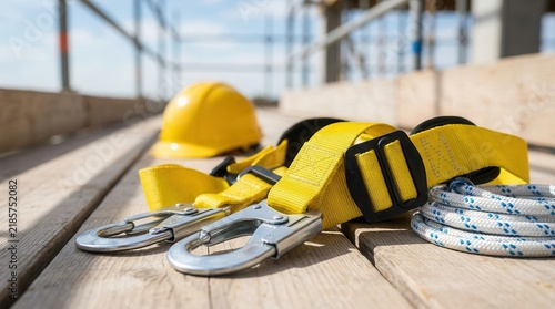 Full-body fall protection harness with hooks and lifeline equipment on a construction platform.