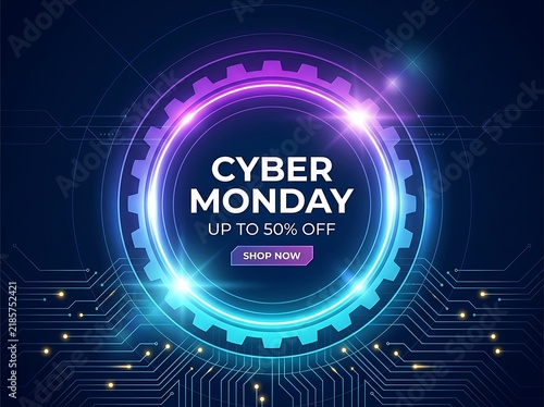 Cyber monday banner with glowing neon gear and circuit board design