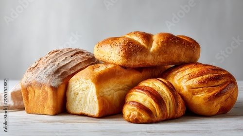 Homemade bread varieties with golden crust and soft interior texture, white studio background, premium bakery catalog photography, realistic details.