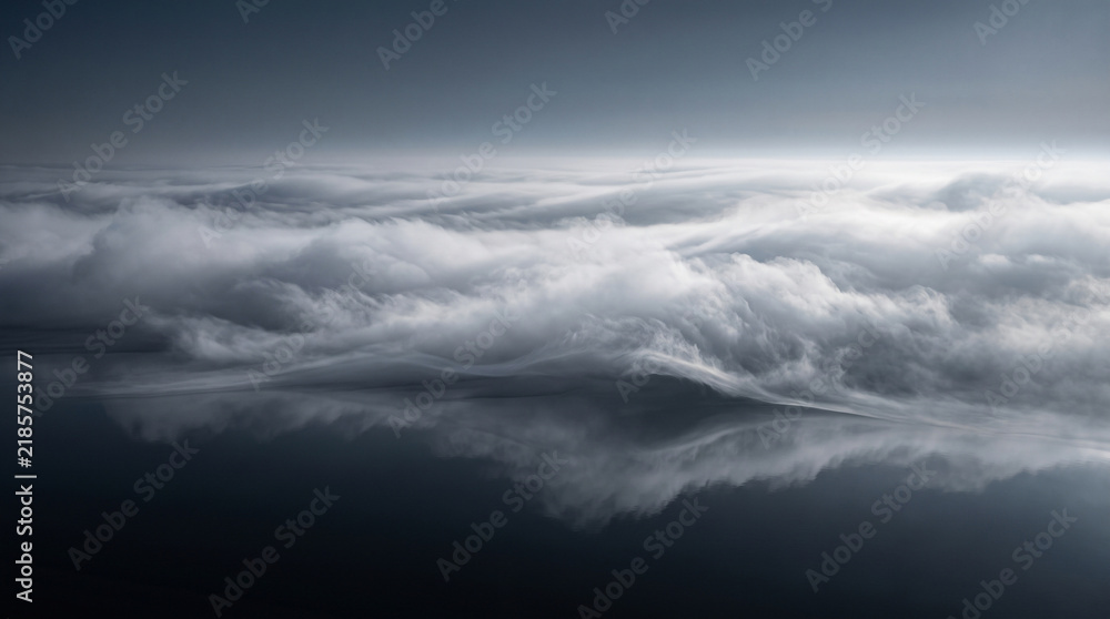 Obraz premium A serene aerial view shows rolling white clouds above dark reflective water, creating a calm atmosphere for design backgrounds