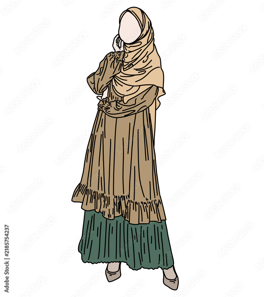 Obraz premium Faceless Muslim woman standing in modern hijab and abaya dress vector illustration, Minimalist vector line art of elegant hijab woman wearing trendy Modest fashion outfit, Faceless hijab girl vector