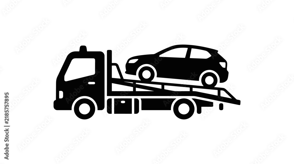 Fototapeta premium Black silhouette of a tow truck carrying a car isolated on a white background, perfect for transportation, automotive services, roadside assistance, and towing icons design