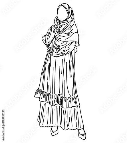 фотографія Continuous line art of elegant Muslim woman wearing hijab and abaya dress, Musli