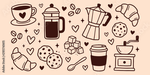 Set of hand drawn coffee elements with pastries and sweets on a light beige background