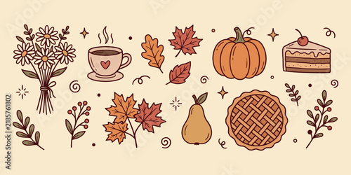 Set of cute autumn themed doodle elements featuring food flowers and seasonal leaves on beige