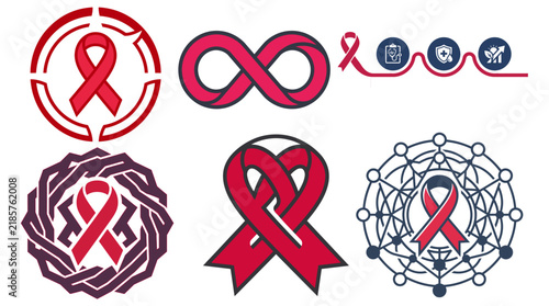Red ribbon vector icons set for HIV AIDS awareness month. Medical healthcare support symbols, heart ribbon, and end stigma typographic design elements.