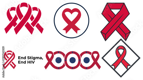 HIV AIDS awareness red ribbon vector icon collection. Health support emblem set featuring infinity loop ribbon, abstract geometry frames, and medical infographic symbols.