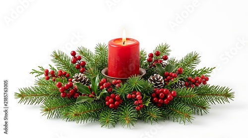 Festive Christmas candle centerpiece with pine branches and red berries.