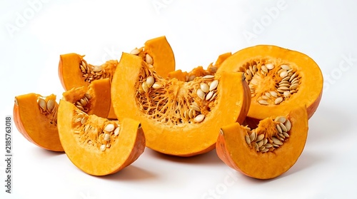 Fresh Raw Pumpkin Slices with Seeds Isolated on White Background.