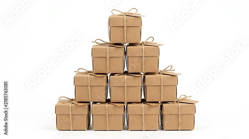Pyramid of Brown Kraft Paper Gift Boxes with Twine.