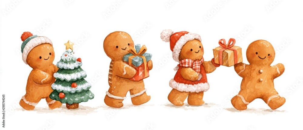 Fototapeta premium Cute watercolor illustration of Gingerbread people celebrating around a tiny frosted candy tree and exchanging gifts, four different poses in a horizontal row, character sheet, isolated on a white