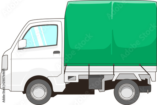 緑色の荷台カバーを付けた軽トラックのベクター素材イラスト