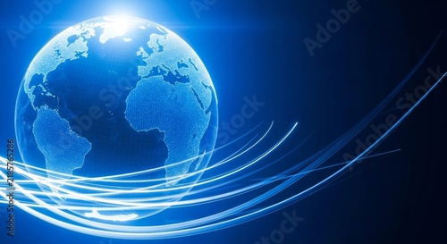A cinematic graphic of global information exchange featuring an ethereal blue globe and bright motion blurred streaks with dramatic lighting