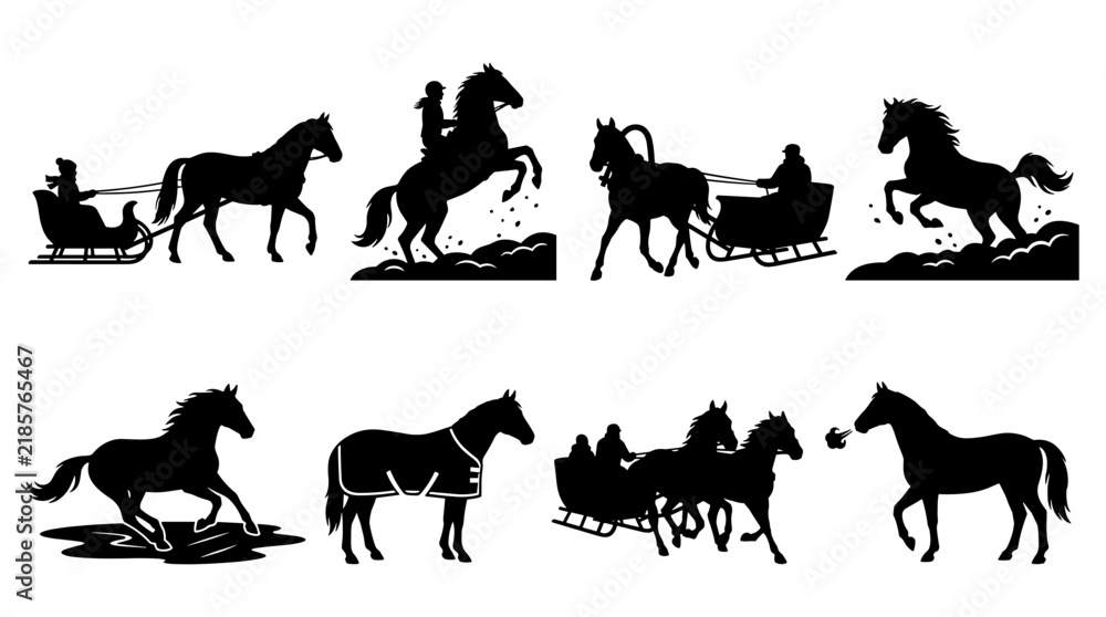 Fototapeta premium Set of horse silhouettes featuring galloping, rearing, and sleigh pulling action, dynamic animal poses, elegant black shapes for vector design