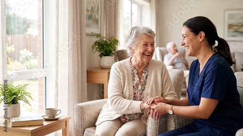 Smiling senior woman holds hands with a caregiver in a cozy living room; tea cup on side table, soft daylight through window, blurred elderly man sitting in background