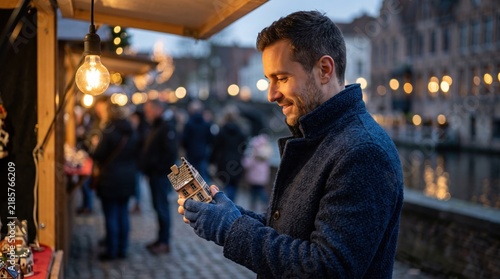 Man chooses a gift - a small souvenir -  near a stall with a glowing bulb at traditional Christmas market 