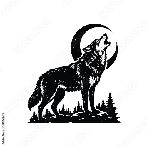 Wolf howling at crescent moon during night with pine trees isolated on white background