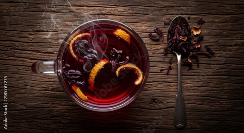 Detailed flat lay of a transparent mug filled with dark crimson hibiscus tea on aged wooden planks