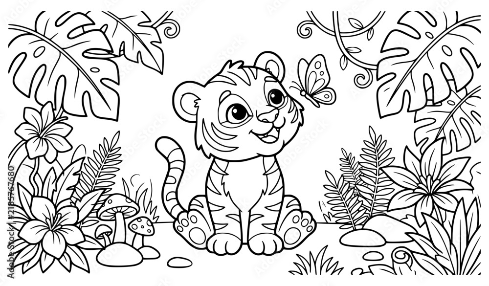 Fototapeta premium Cute Sitting Tiger Cub and Butterfly Nature Coloring Book Illustration Vector