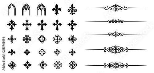Vintage gothic arches, ornamental crosses, and text dividers vector set.