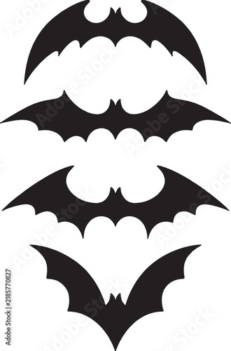 Set of four different black bat silhouettes in flight with flying bats