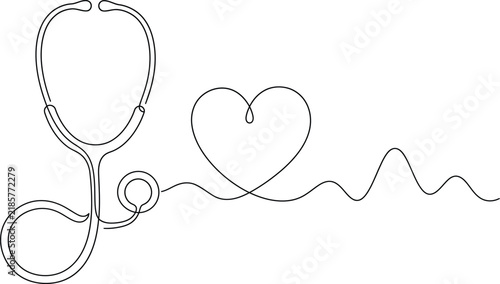 Continuous single line drawing of a stethoscope and a heart with line art black white stethoscope healthcare cardiology