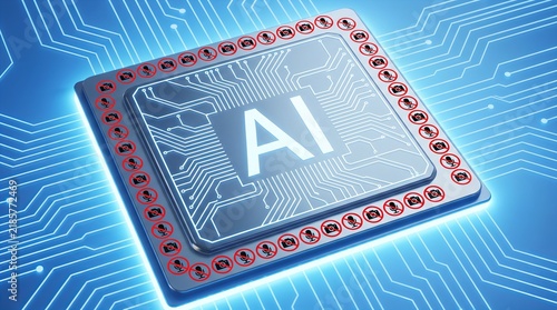 AI chip with words “AI” lettering on chip surface, surrounded by censor symbols, on blue background, technology restriction concept