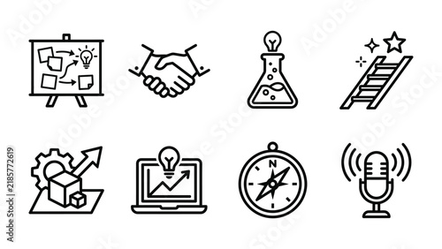 Business Infographic Icons: A collection of simple black line icons representing various business concepts including planning, handshake, experiment, progress, development, data analysis, navigation.
