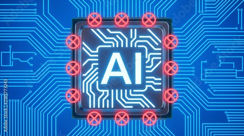 AI chip with words “AI” lettering on chip surface, surrounded by censor symbols, on blue background, technology restriction concept