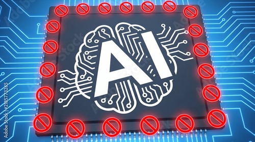 AI chip with words “AI” lettering on chip surface, surrounded by censor symbols, on blue background, technology restriction concept