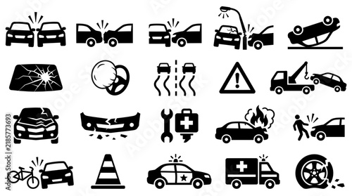 Car accident icon set and vehicle collision symbols showing vehicle crashes, emergency response and road safety hazards, concept for auto insurance claims and traffic risk management