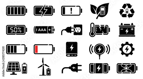 Set of battery level and power supply icons showing charge indicators, renewable energy symbols and electrical plugs, concept for clean power technology and energy management
