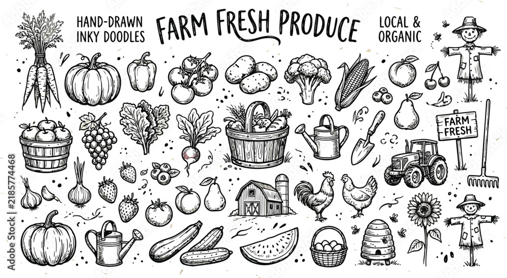 Fototapeta premium Set of hand drawn farm fresh produce vegetable and fruit doodles with tractor and scarecrow icons for organic market design element