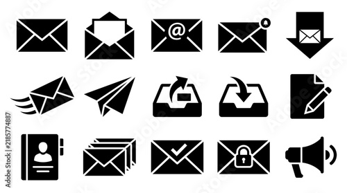 Minimalist email icon set and digital communication symbols showcasing inbox management, electronic messaging and newsletter distribution, concept for digital contact and corporate marketing