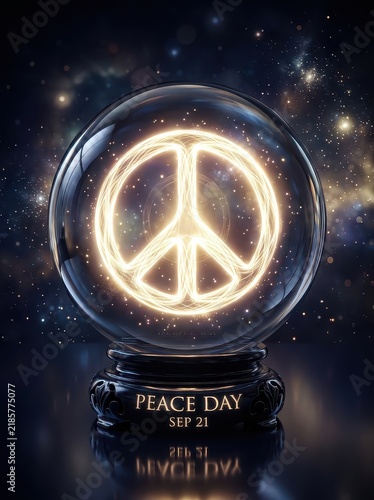 Glowing warm neon peace sign enclosed in mystical glass snow globe on dark background