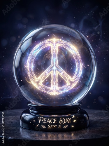 Luminous white neon peace sign inside dark cosmic crystal globe with star particles
