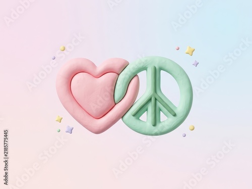 Minimal 3D pastel interlinked pink heart and green peace sign on light background