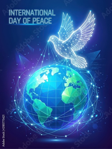 Glowing cyber wireframe peace dove soaring above digital planet Earth