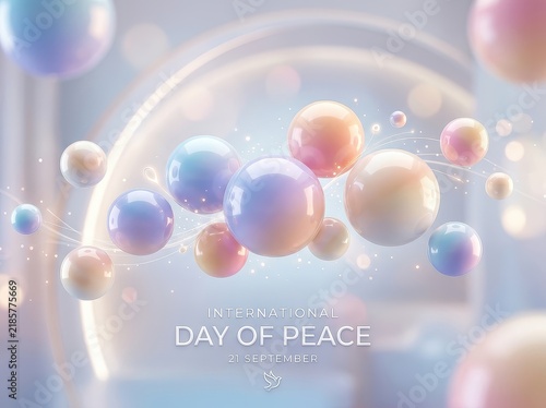Floating iridescent pastel bubbles with rainbow and Peace Day typography